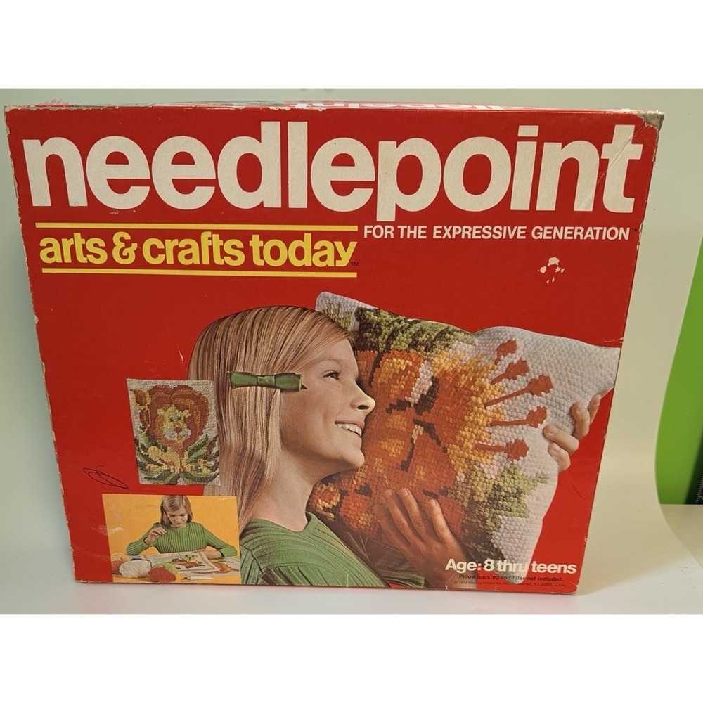 Vintage 1972 Needlepoint Pillow Floral Lion Fruit Arts Advertisement 70s Decor